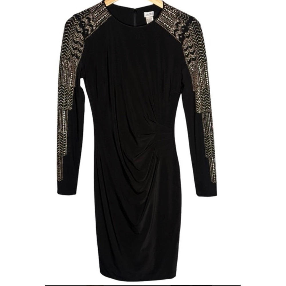 Cache Black Embellished Shoulder Long Sleeve Ruched Sheath Dress Size 14‎